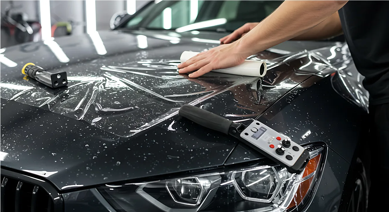 Man smoothing film used to protect a car's paint onto a dark gray car. 