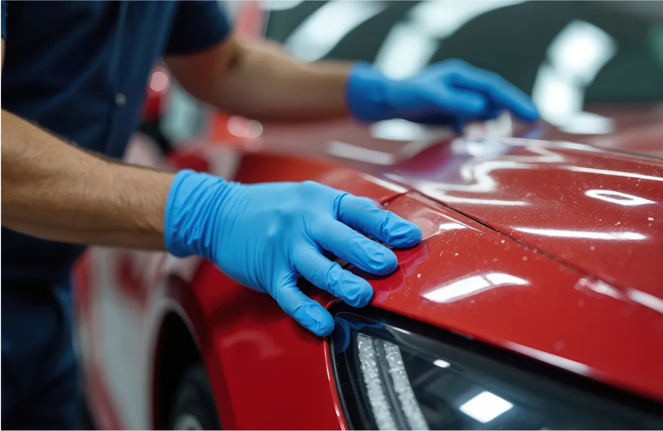 Man with gloves checking paint protection film installation quality 